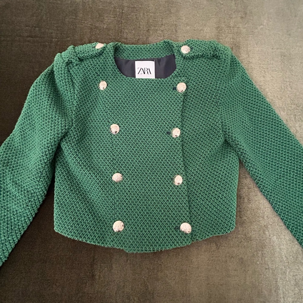 Zara Green Textured Jacket with Metallic Buttons